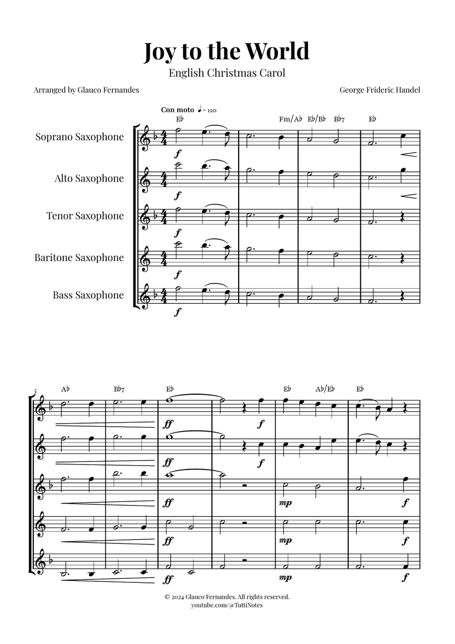 Joy to the World | STUNNING Arrangement Saxophone Quintet scores gallery preview page 1