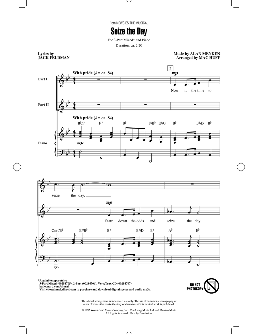 Seize The Day (from Newsies The Musical) (arr. Mac Huff) 3-Part scores gallery preview page 1