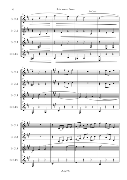 Je te veux, for Clarinet quartet - Score & Parts
