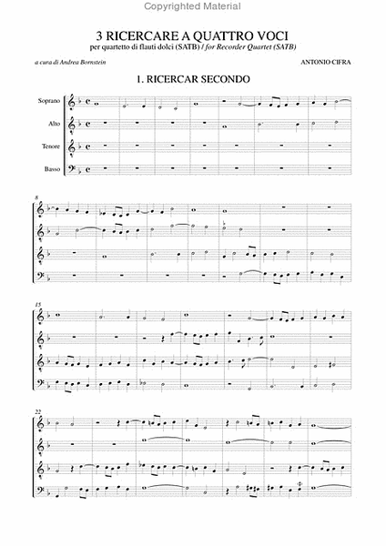 3 four-part Ricercares (Roma 1619) for Recorder Quartet (SATB)