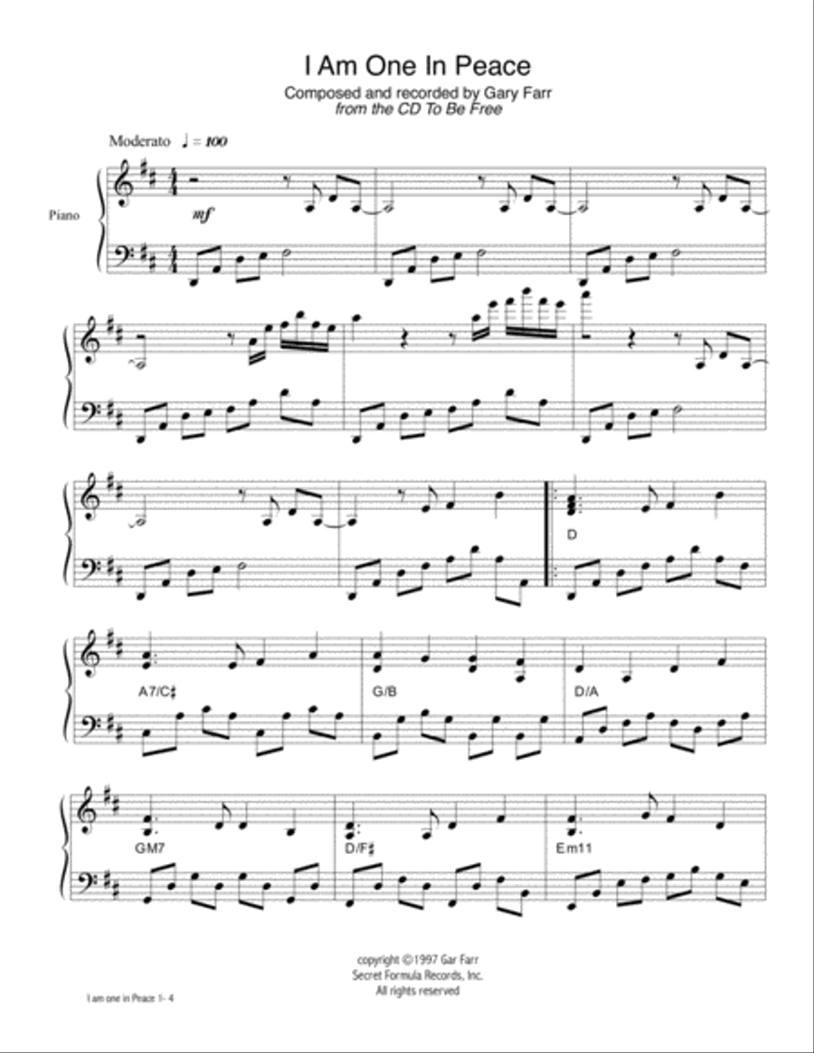 I Am One in Peace Piano Solo scores gallery preview page 1
