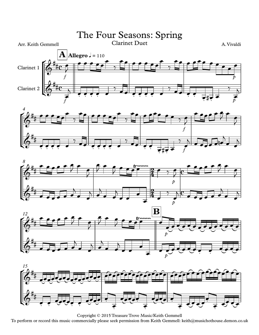 The Four Seasons (Spring): Clarinet Duet Clarinet Duet scores gallery preview page 1