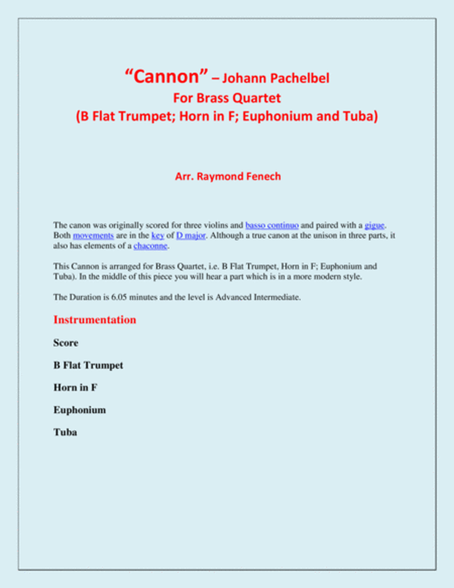 Canon - Johann Pachebel - Brass Quartet (B Flat Trumpet, Horn in F; Euphonium and Tuba) image number null