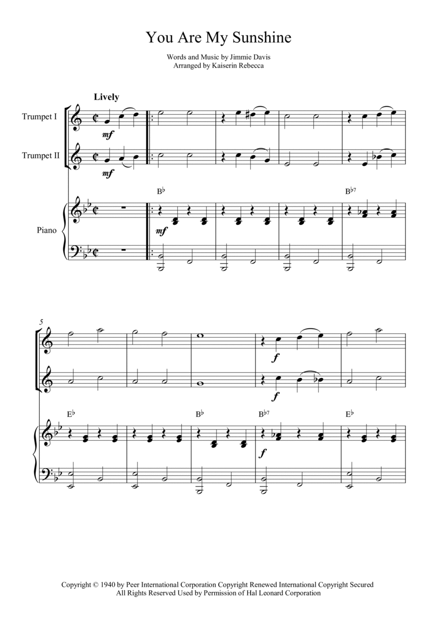You Are My Sunshine Trumpet Duet scores gallery preview page 1