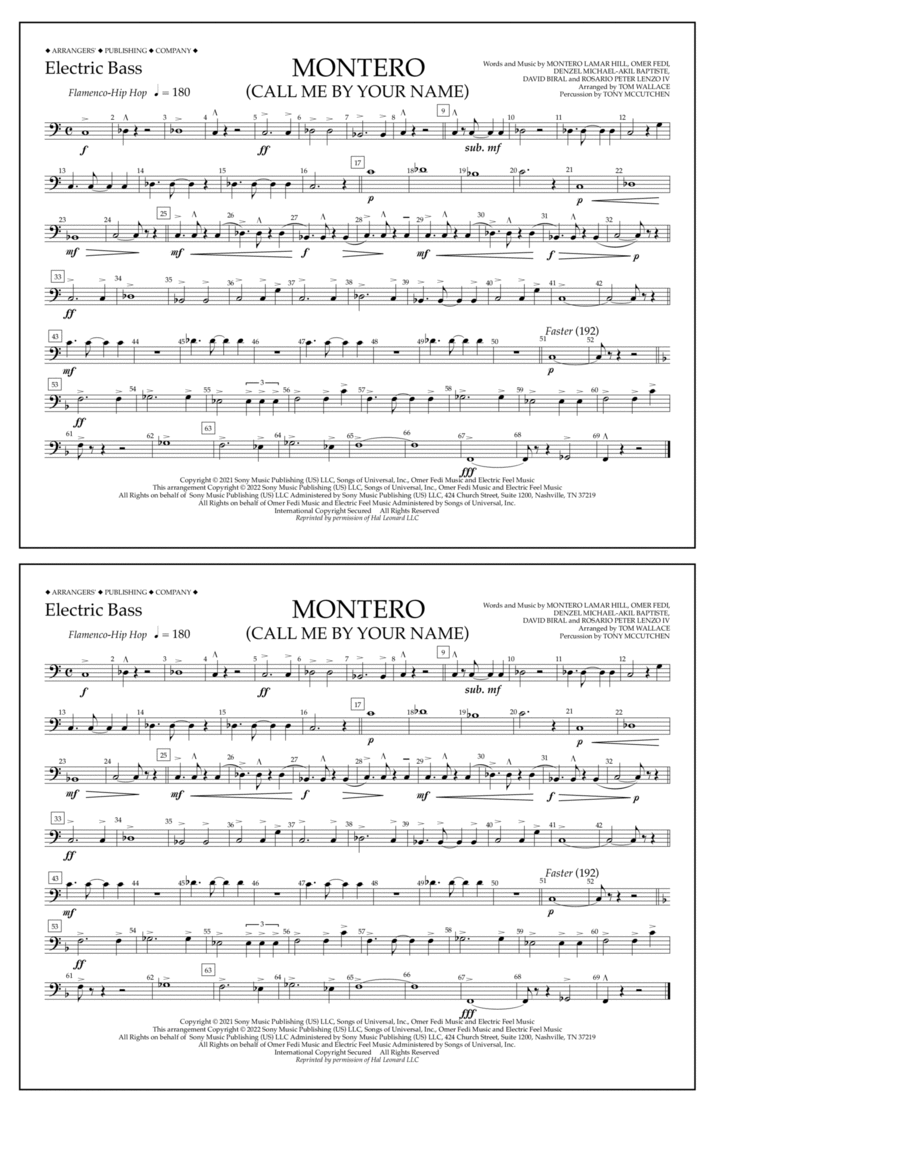 Montero (Call Me By Your Name) (arr. Tom Wallace) - Electric Bass Marching Band scores gallery preview page 1