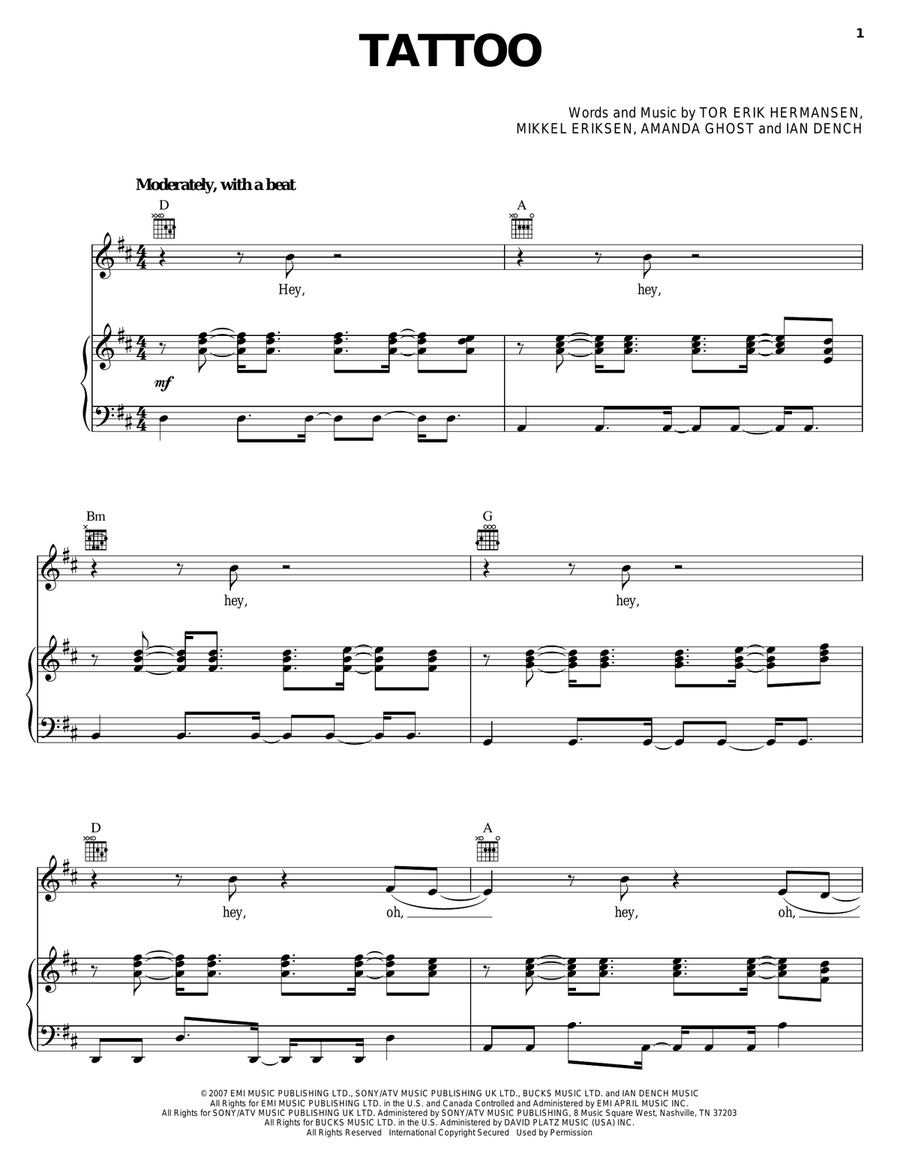 Tattoo Tattoo Piano, Vocal, Guitar scores gallery preview page 1