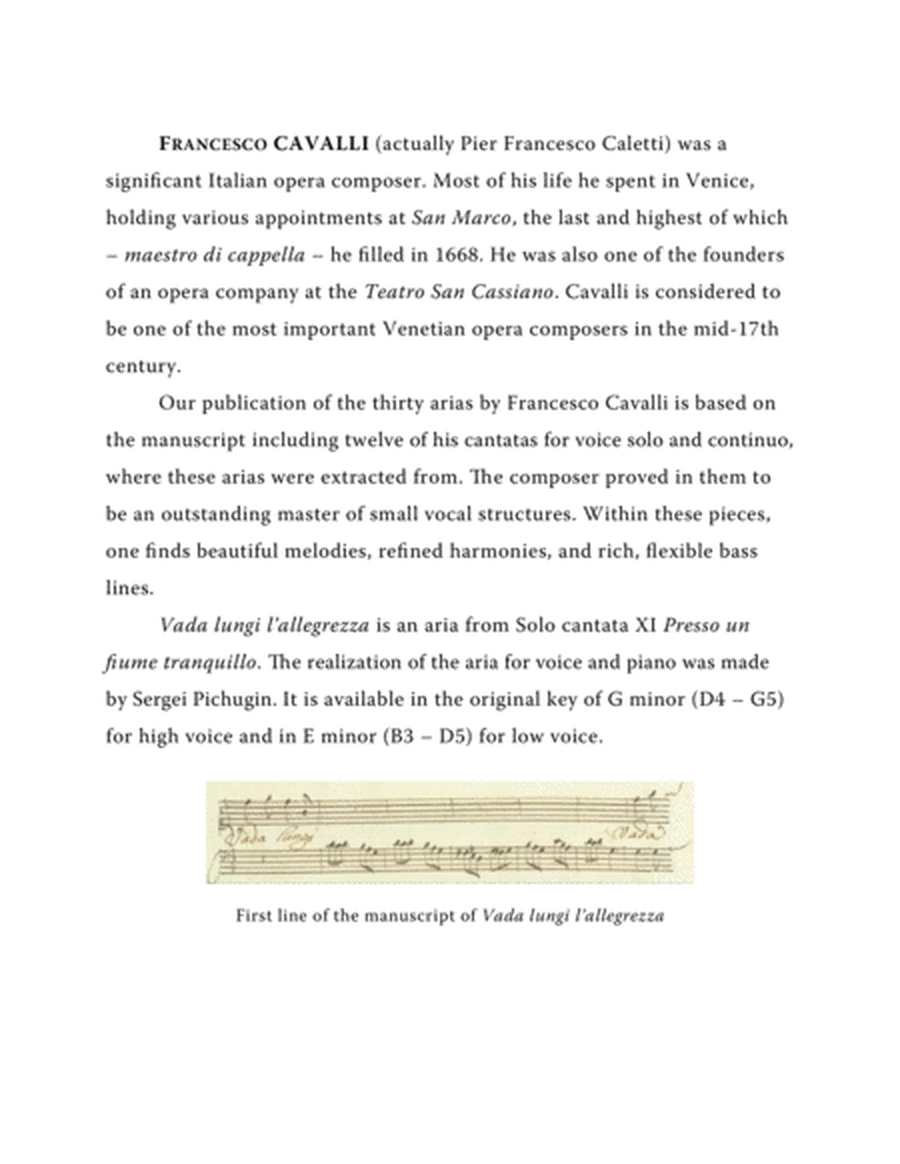 CAVALLI Francesco: Vada lungi l'allegrezza, aria from the cantata, arranged for Voice and Piano (E m image number null