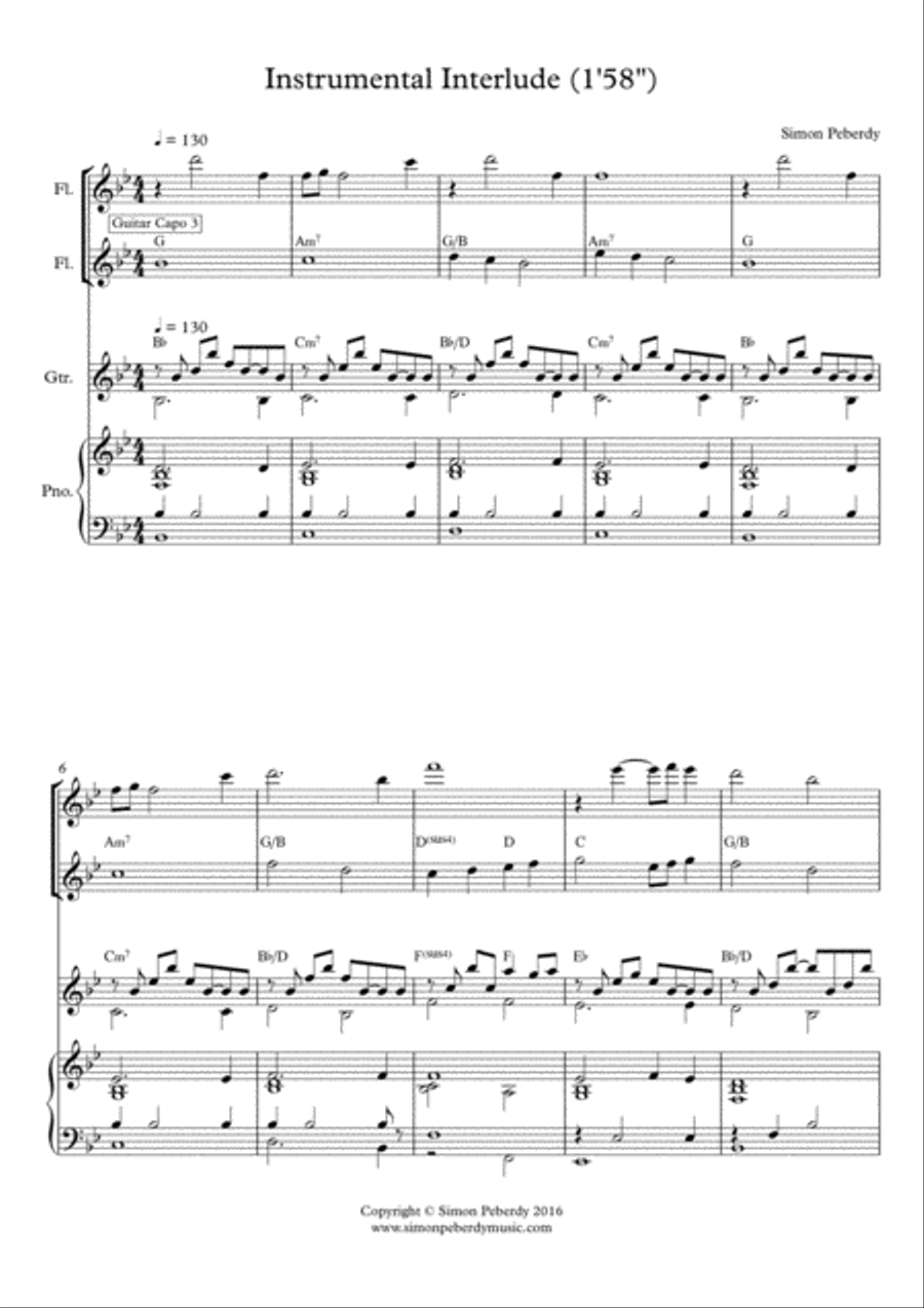 Melodious Instrumental Interlude 1'58 in B flat for 2 flutes, guitar and/or piano by Simon Peberdy image number null