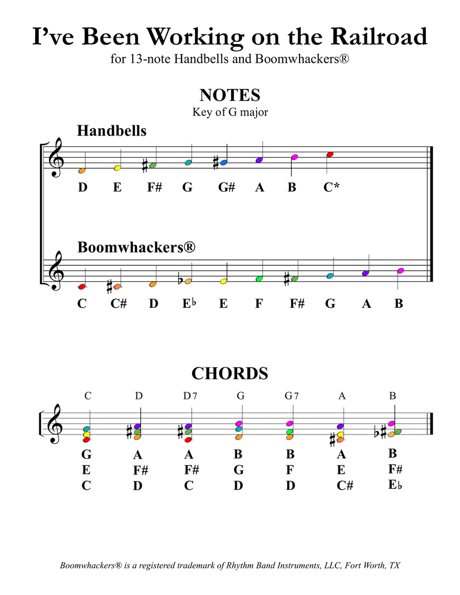 I've Been Working on the Railroad (for 13-note Bells and Boomwhackers with Color Coded Notes) Handbell Choir scores gallery preview page 3