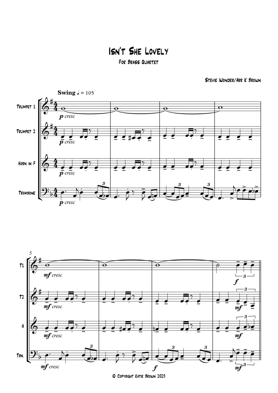 Isn't She Lovely Isn't She Lovely Brass Quartet scores gallery preview page 1