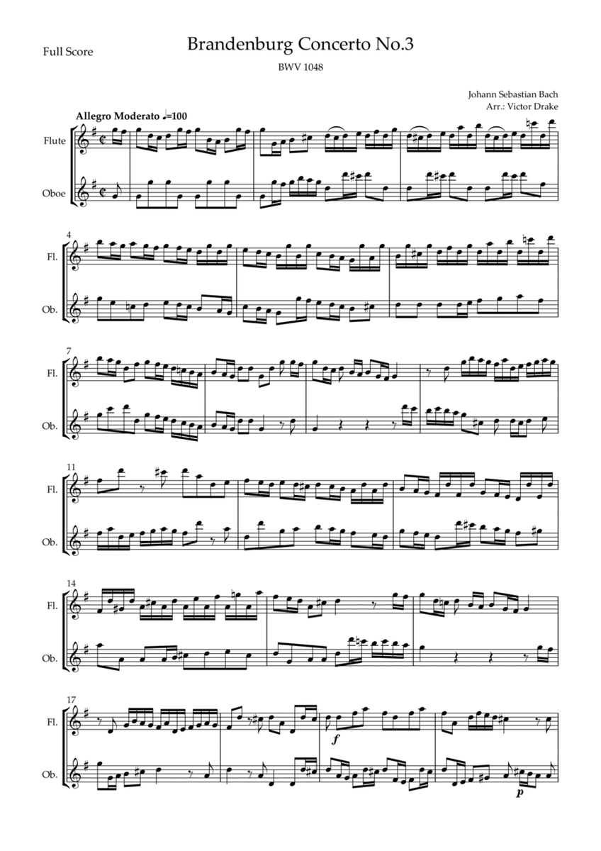 Brandenburg Concerto No. 3 in G major, BWV 1048 1st Mov. (J.S. Bach) for Flute & Oboe Duo image number null