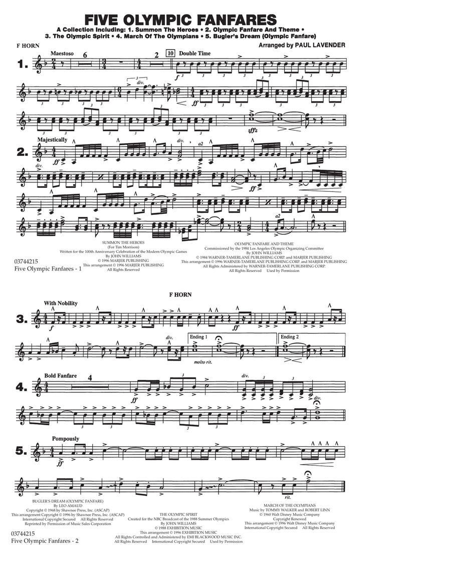 Five Olympic Fanfares - F Horn Marching Band scores gallery preview page 1