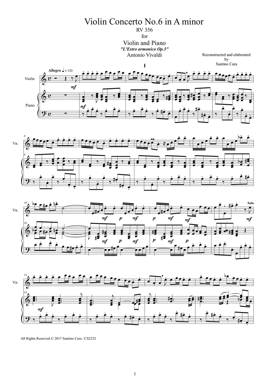 Vivaldi - Violin Concerto No.6 in A minor Rv 356 Op.3 for Violin and Piano Violin Solo scores gallery preview page 1