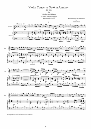 Book cover for Vivaldi - Violin Concerto No.6 in A minor Rv 356 Op.3 for Violin and Piano