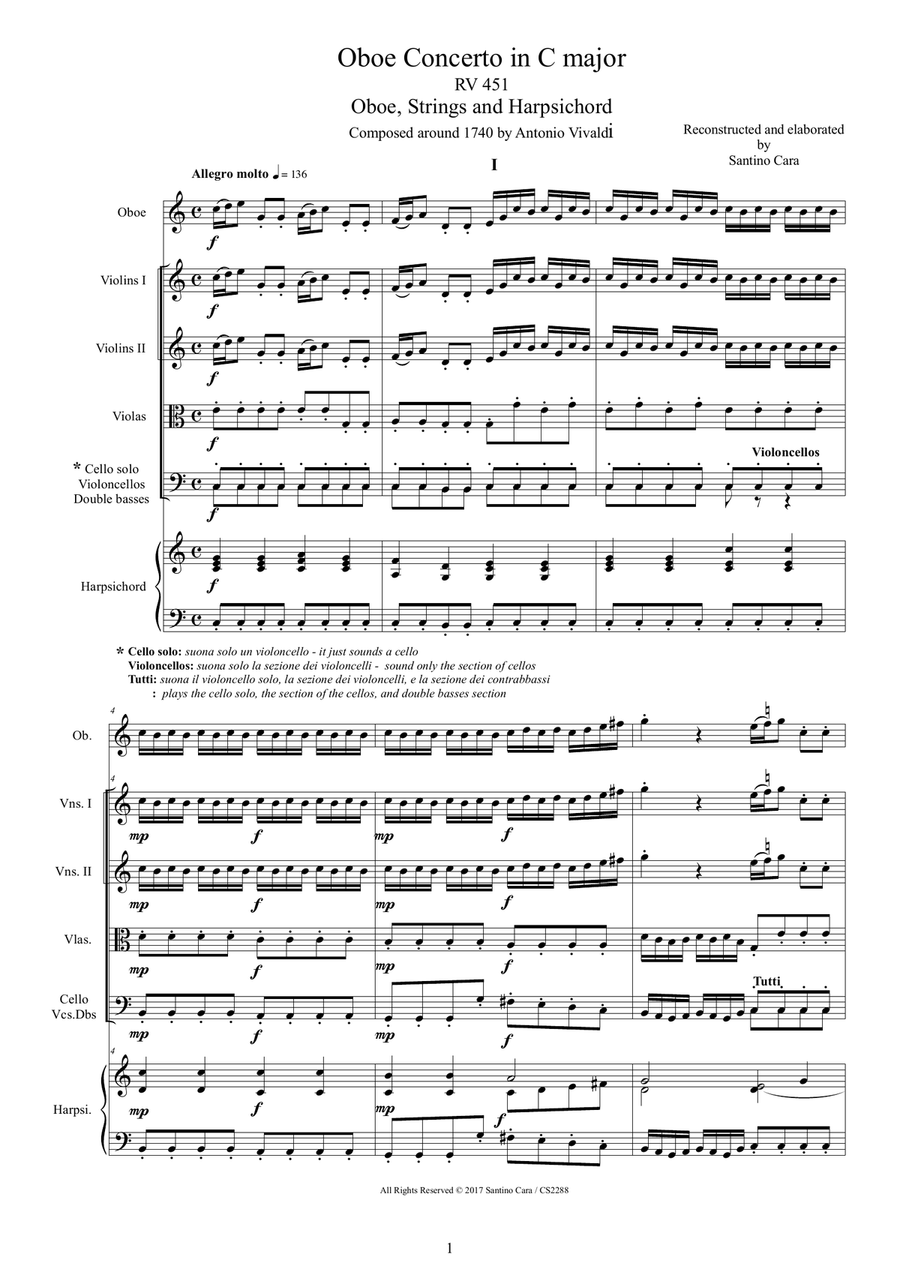 Vivaldi - Oboe Concerto in C major RV 451 for Oboe, Strings and Harpsichord Chamber Orchestra scores gallery preview page 1