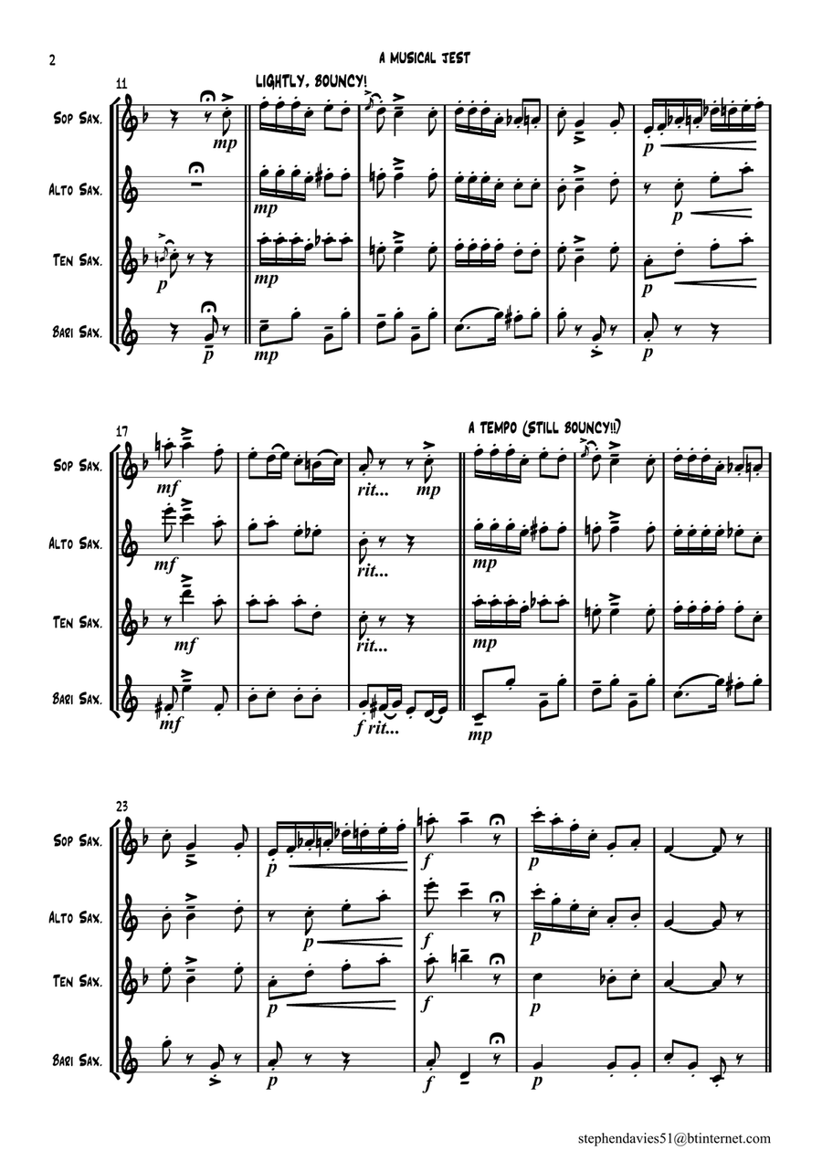 'A Musical Jest' By Alfredo D'ambrosio, Saxophone Quartet, a bit of fun for 4 players! Saxophone Quartet scores gallery preview page 2