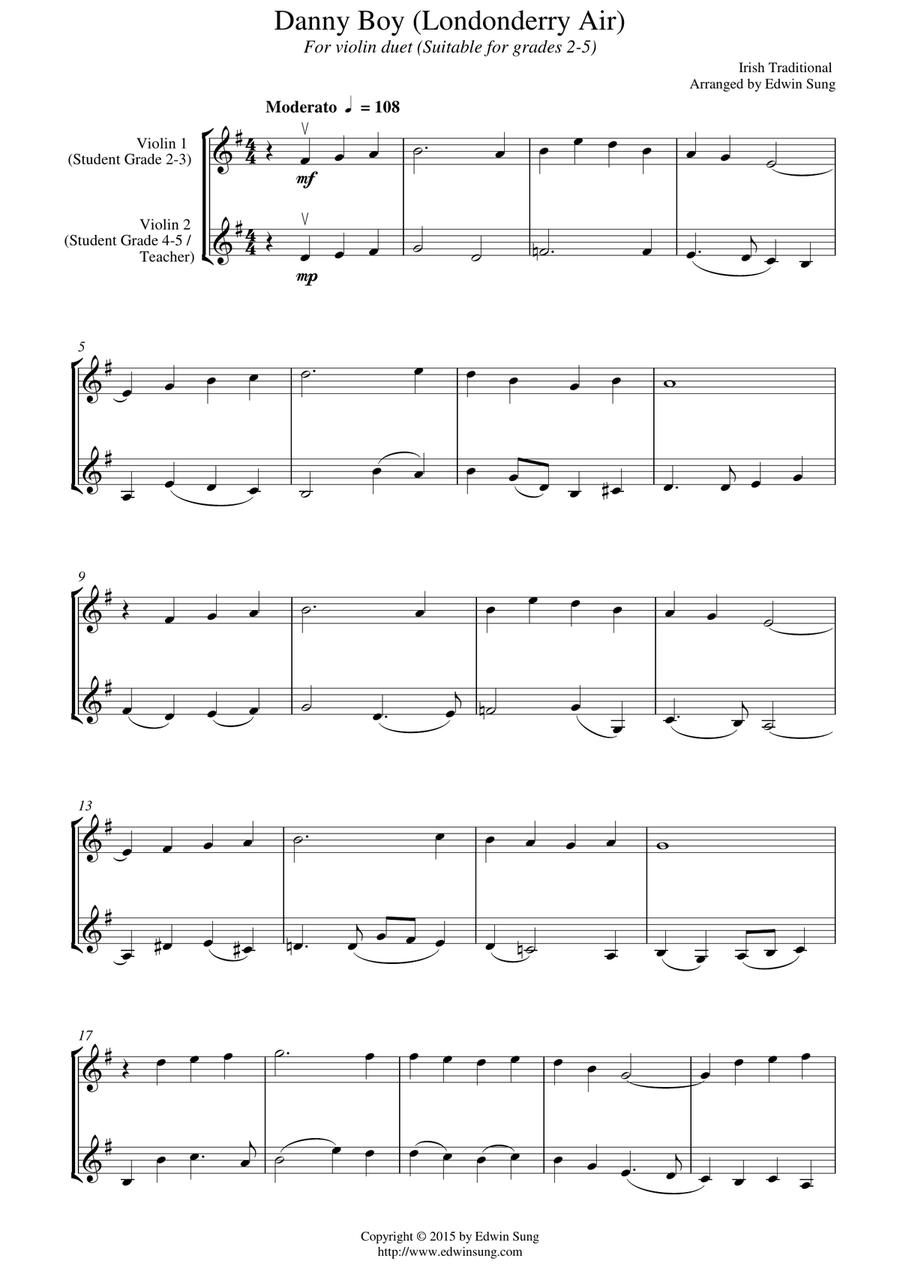 Danny Boy (Londonderry Air) (for violin duet, suitable for grades 2-5) String Duet scores gallery preview page 1