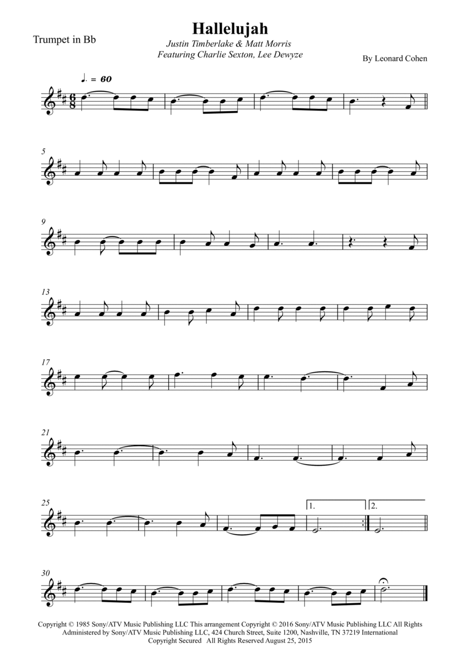 Hallelujah B-Flat Trumpet scores gallery preview page 1