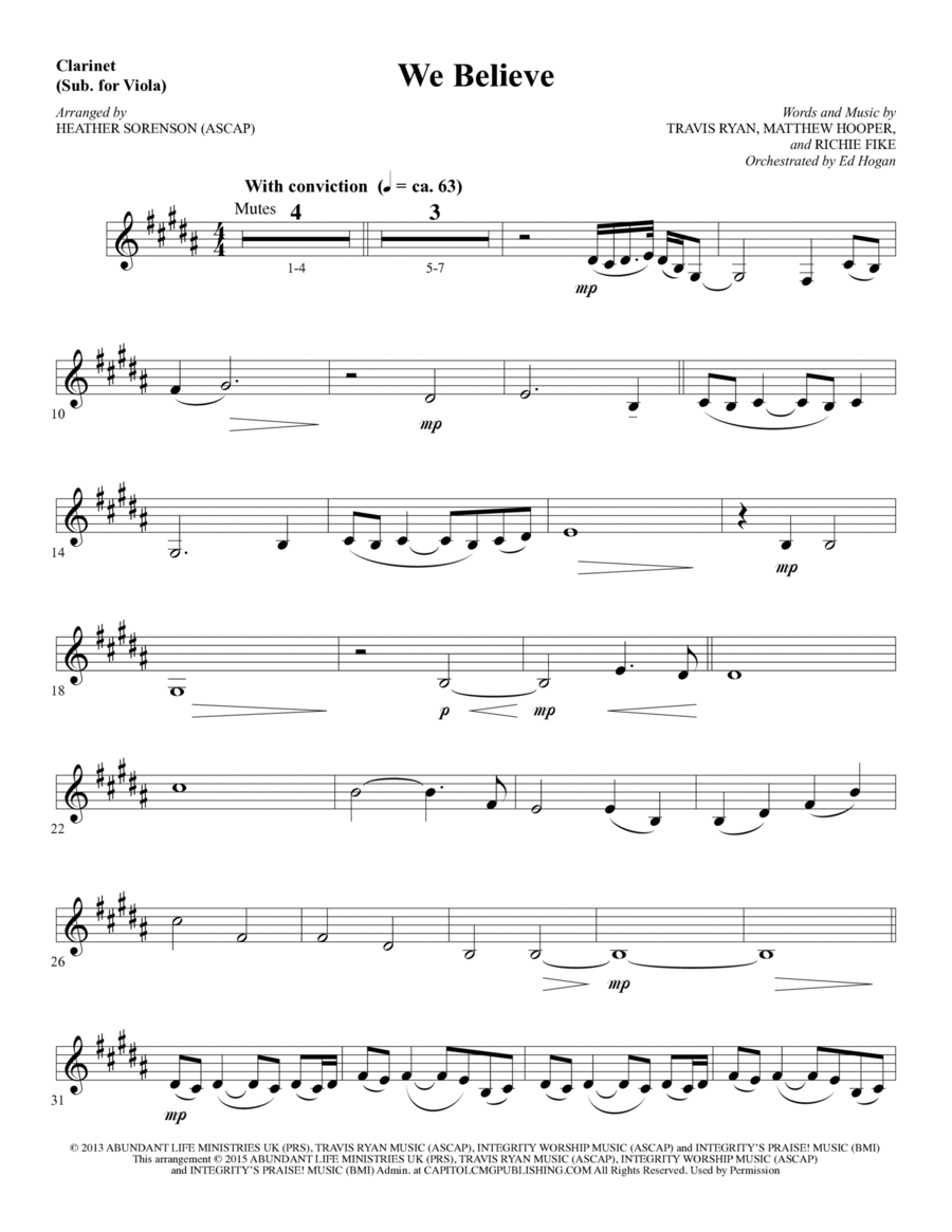 We Believe (arr. Heather Sorenson) - Clarinet (sub Viola) Choir scores gallery preview page 1