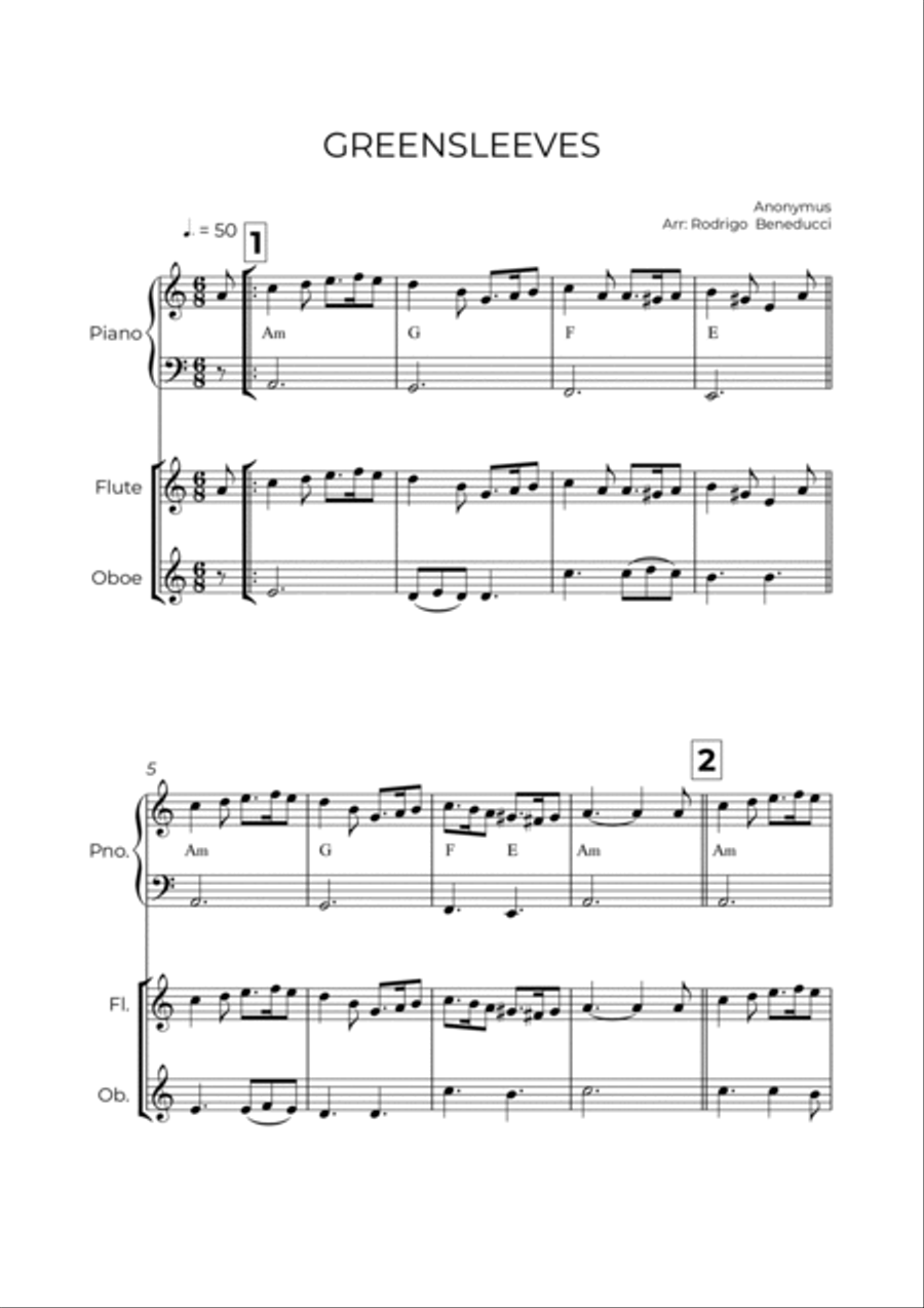 GREENSLEEVES - ANONYMUS - WIND PIANO TRIO (FLUTE, OBOE & PIANO) Woodwind Duet scores gallery preview page 2