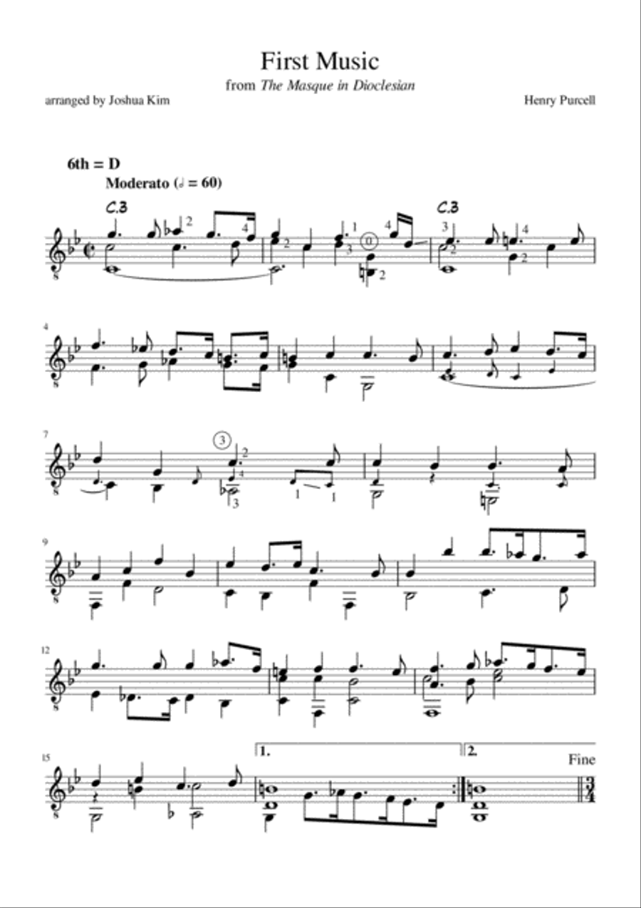 First Music from Dioclesian for Solo Guitar (Z.627) Classical Guitar scores gallery preview page 1