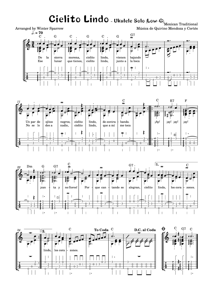 Cielito Lindo ~ Ukulele Solo (Low-G) Ukulele scores gallery preview page 1