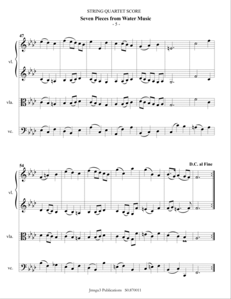 Handel: Seven Pieces from Water Music for String Quartet String Quartet scores gallery preview page 5
