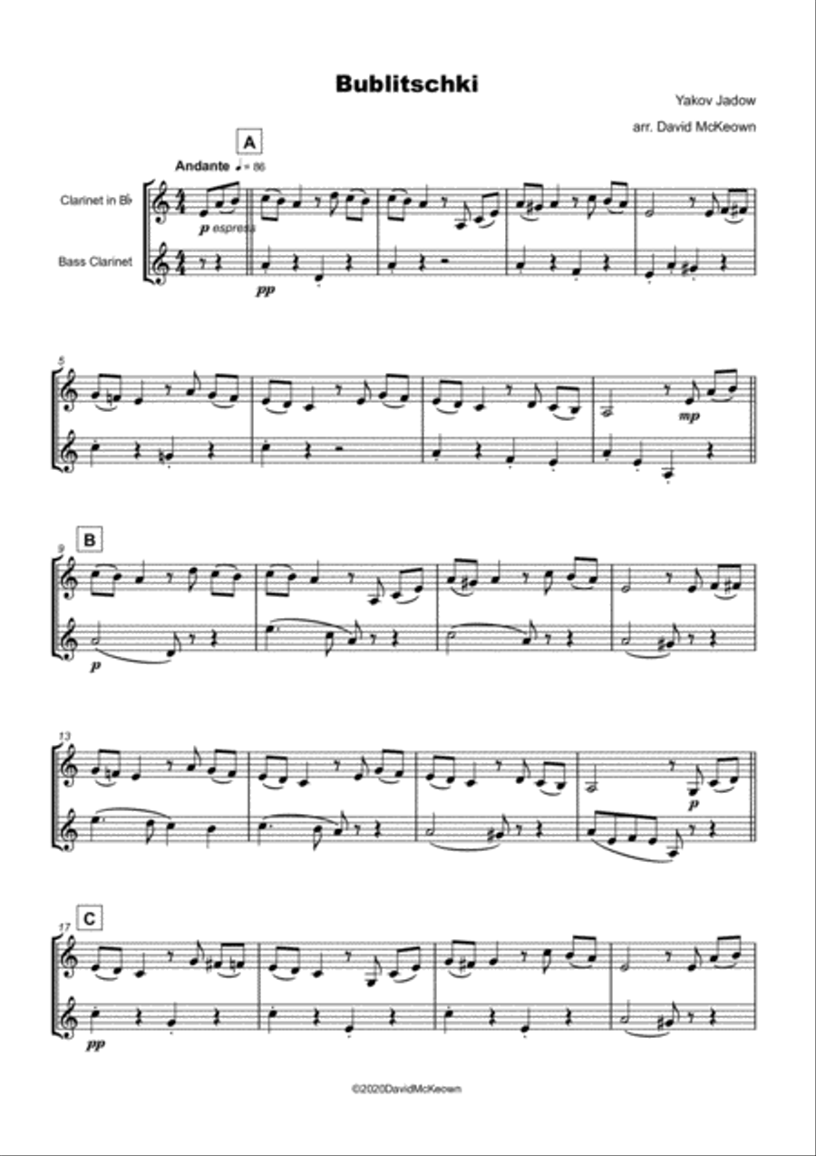 Bublitschki, Russian Klezmer song for Clarinet and Bass Clarinet Duet Clarinet Duet scores gallery preview page 2
