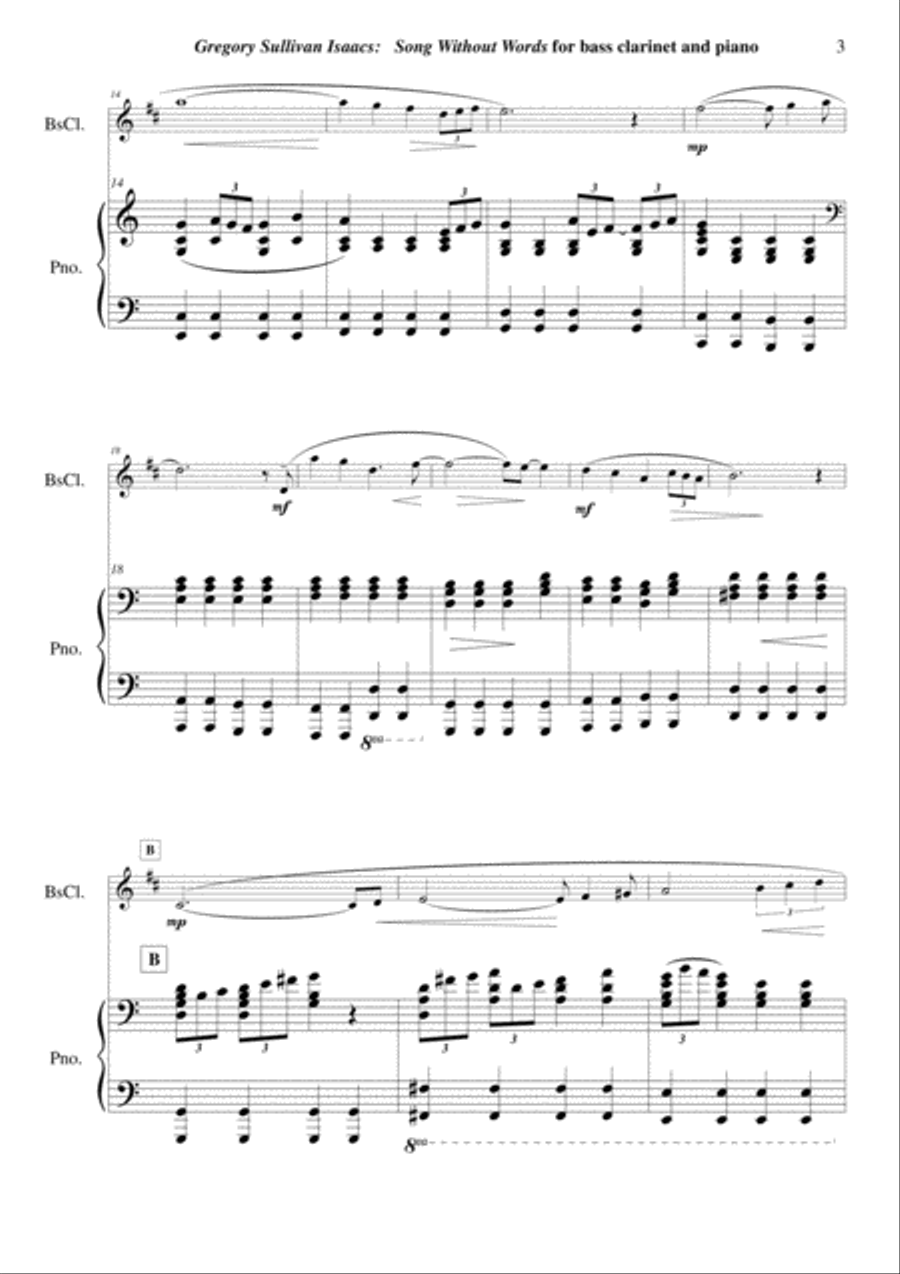 Gregory Sullivan Isaacs: Song Without Words for Bb bass clarinet and piano Bass Clarinet scores gallery preview page 3