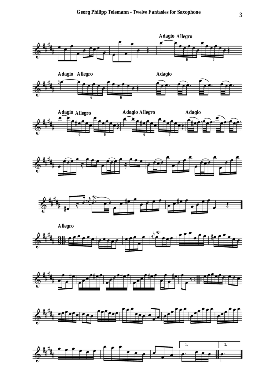 Georg Philipp Telemann: 12 Fantasias for Flute without Bass, TWV 40:2-13, adapted for saxophone (any Woodwind Quartet scores gallery preview page 3