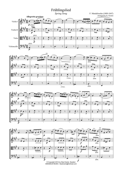 Fruhlingslied, Lieder ohne Worte Op. 62, Spring Song for string quartet image number null