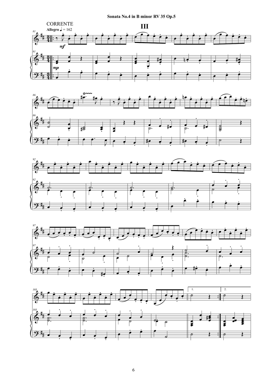 Vivaldi - Violin Sonata No. 4 in B minor RV 35 Op.5 for Violin and Cembalo (or Piano) String Duet scores gallery preview page 6