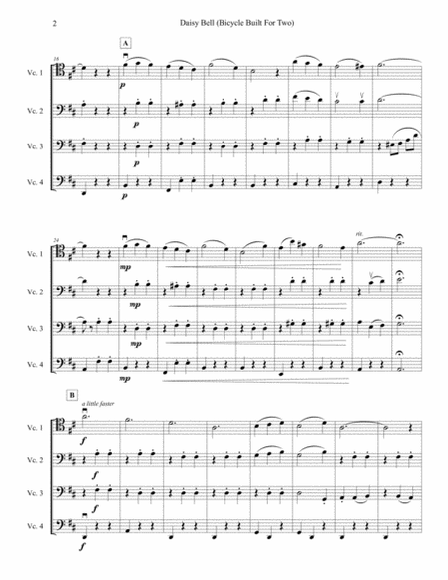 Bicycle Built for Two, arranged for four intermediate cellos / cello quartet