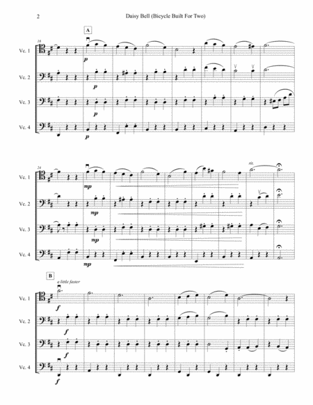 Bicycle Built for Two, arranged for four intermediate cellos / cello quartet