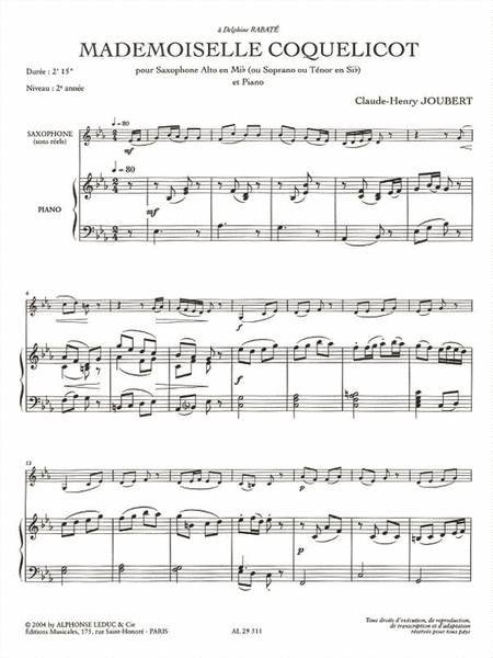 Mademoiselle Coquelicot (cycle 1) Pour Saxophone Alto (ou Soprano Ou Tenor) Et