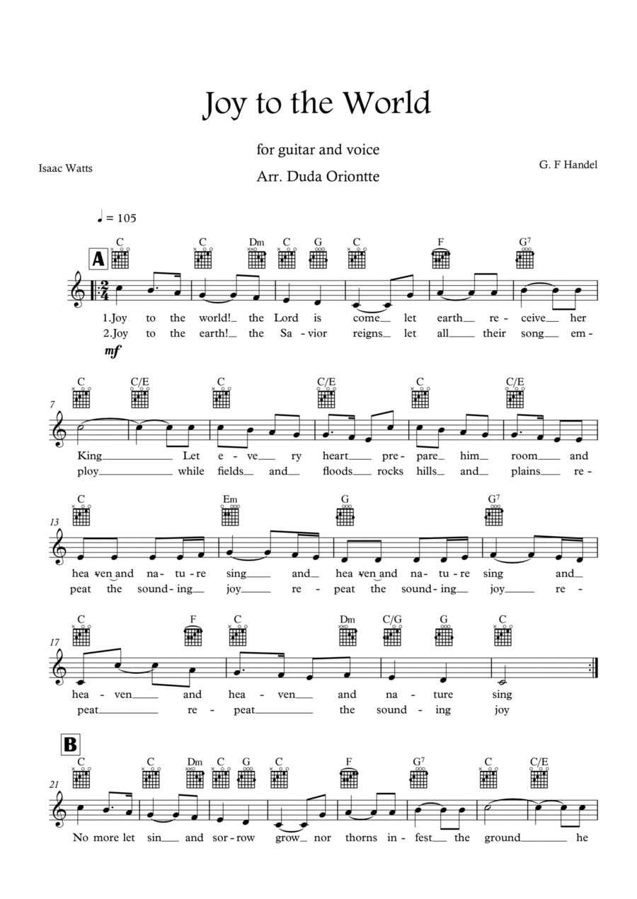 Joy to the World (C major - TABS - with lyrics) Classical Guitar scores gallery preview page 1