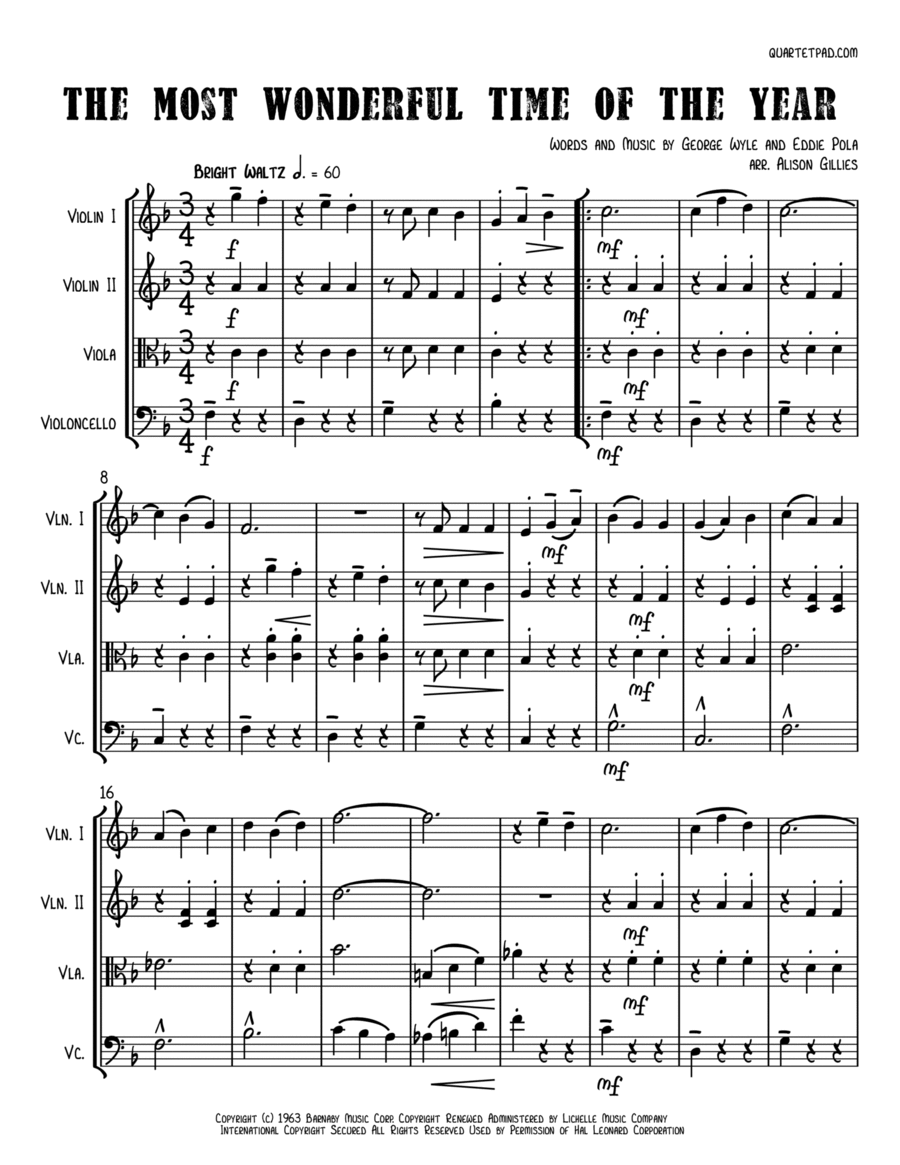 The Most Wonderful Time Of The Year String Quartet scores gallery preview page 1