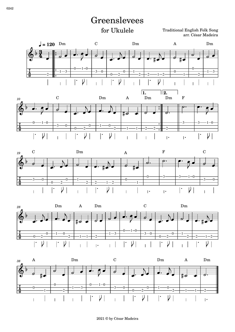 Greensleeves - Easy Ukulele - W/Chords and TAB (Full Score) Ukulele scores gallery preview page 1