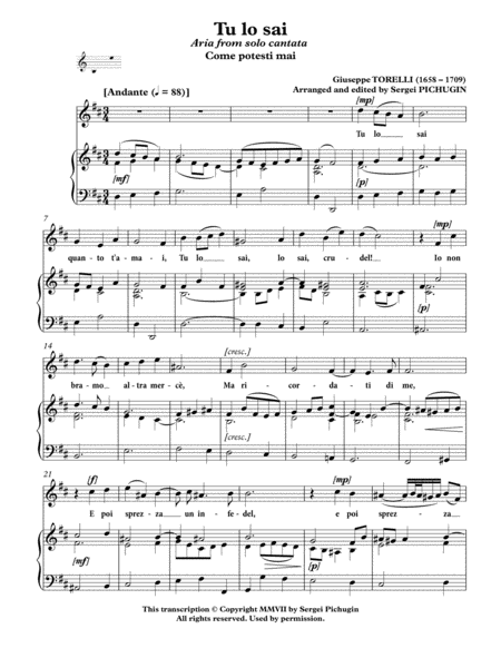 TORELLI Giuseppe: Tu lo sai, aria from solo cantata "Come potesti mai" for Voice and Piano (D major) image number null