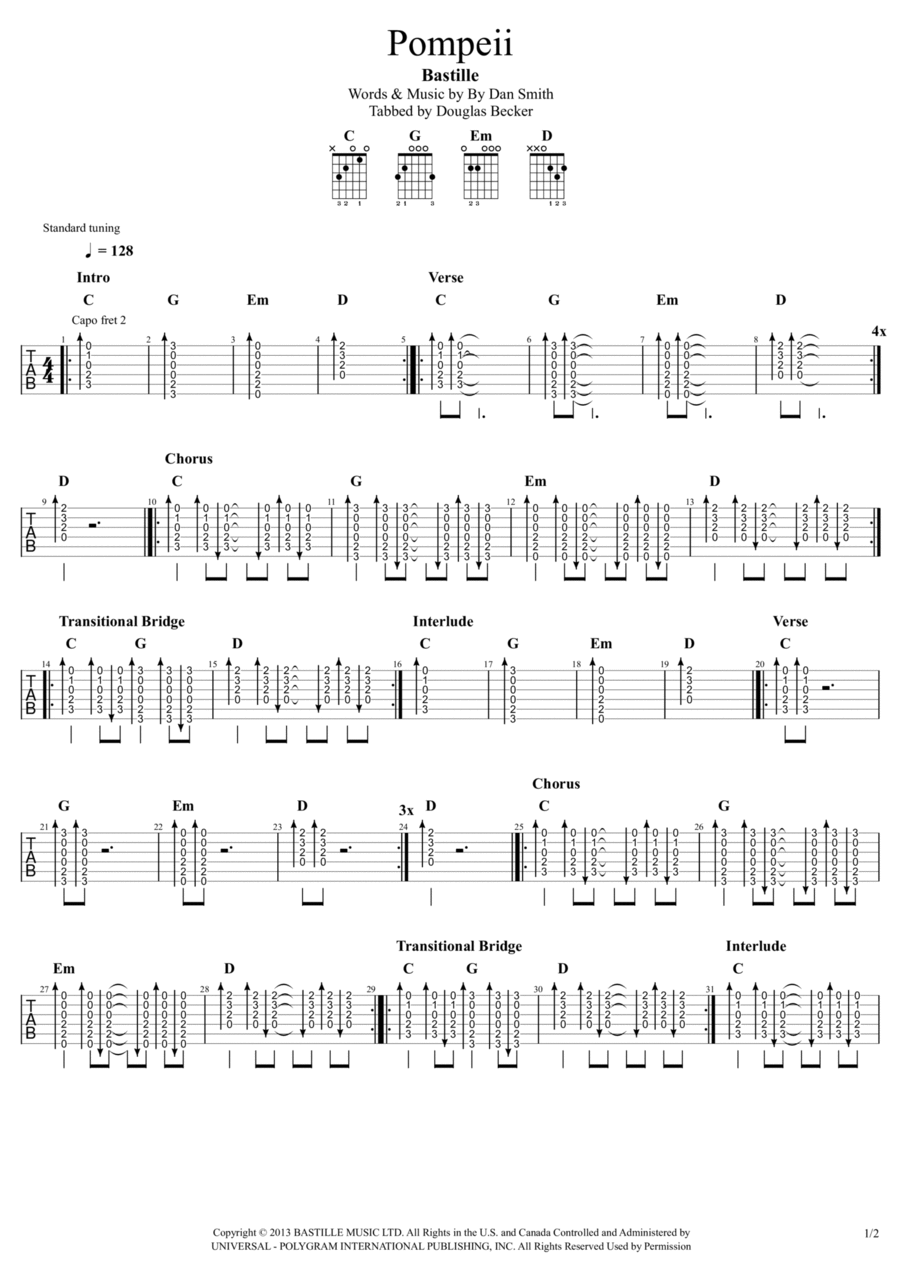 Pompeii Guitar Tablature scores gallery preview page 1