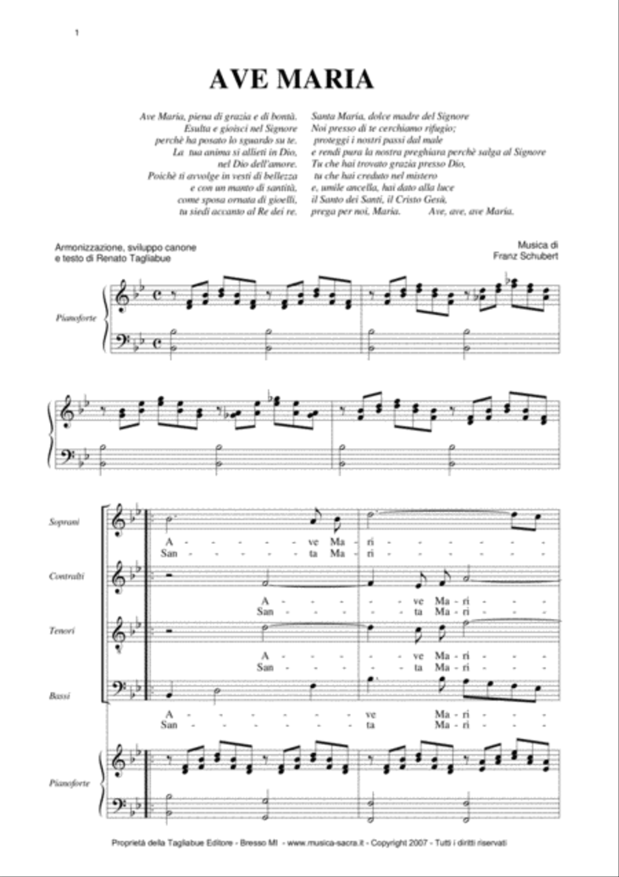 AVE MARIA by Schubert - Italian Lyrics - Choir SATB - With Choir Parts 4-Part scores gallery preview page 1