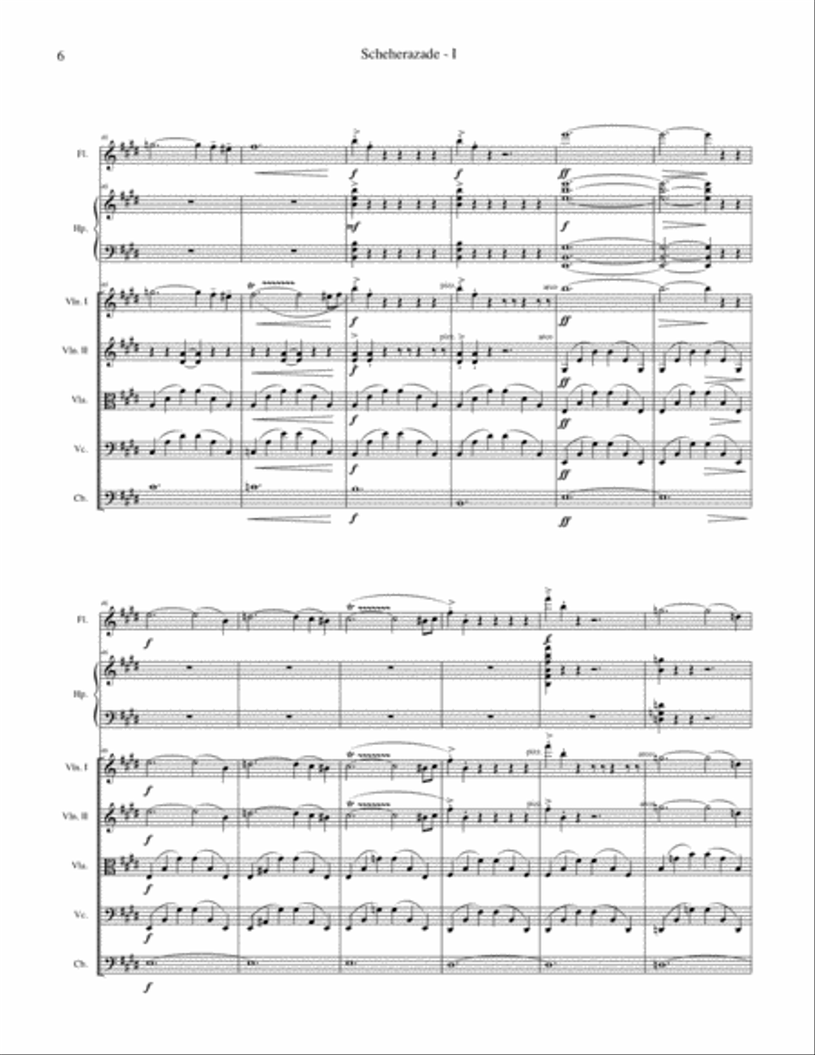 Scheherazade arranged for flute, harp and string quintet, full score Large Ensemble scores gallery preview page 6