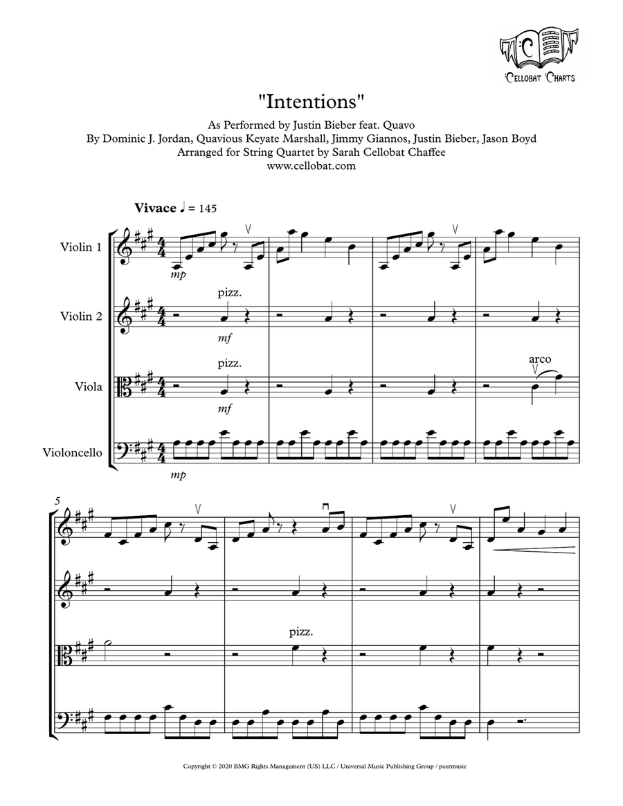 Intentions by Justin Bieber String Quartet - Digital Sheet Music