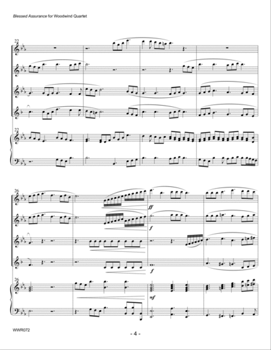 BLESSED ASSURANCE - 2 Flutes, Oboe & Clarinet with optional Piano accompaniment Woodwind Quartet scores gallery preview page 4