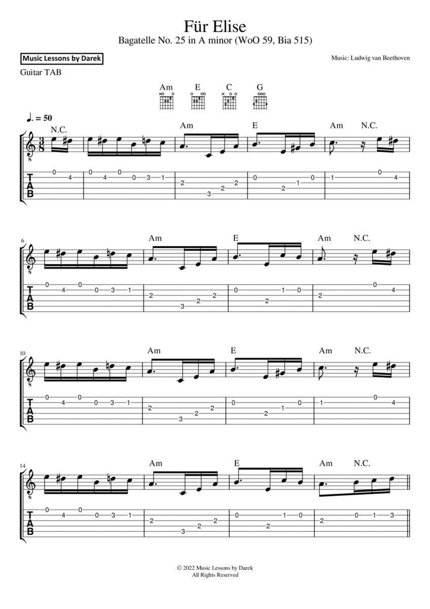 Für Elise (GUITAR TAB) Bagatelle No. 25 in A minor (WoO 59, Bia 515) [Ludwig van Beethoven] image number null