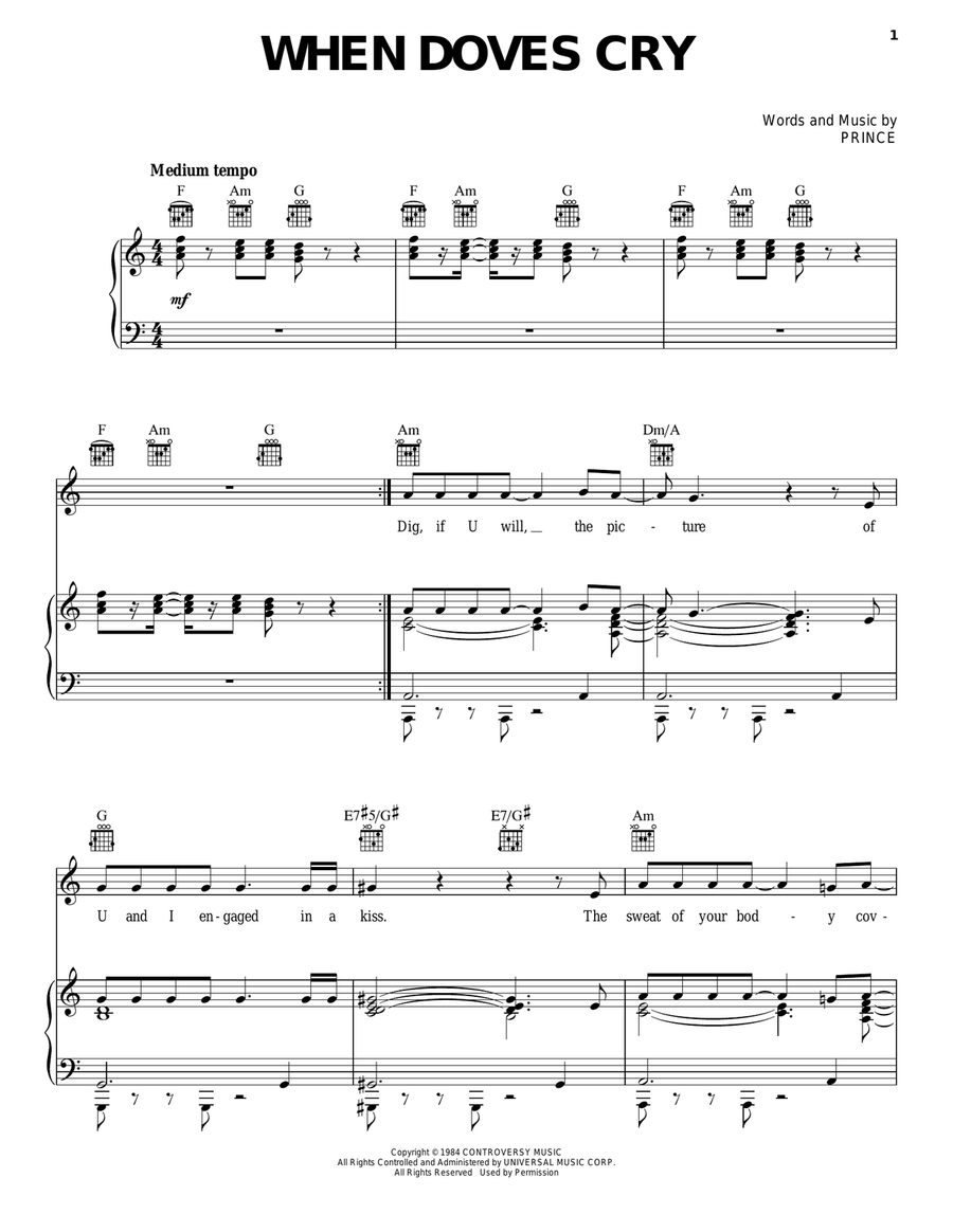 When Doves Cry Piano, Vocal, Guitar scores gallery preview page 1