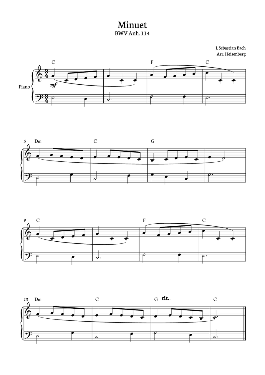 Book cover for Bach - Minuet for Easy Piano solo.