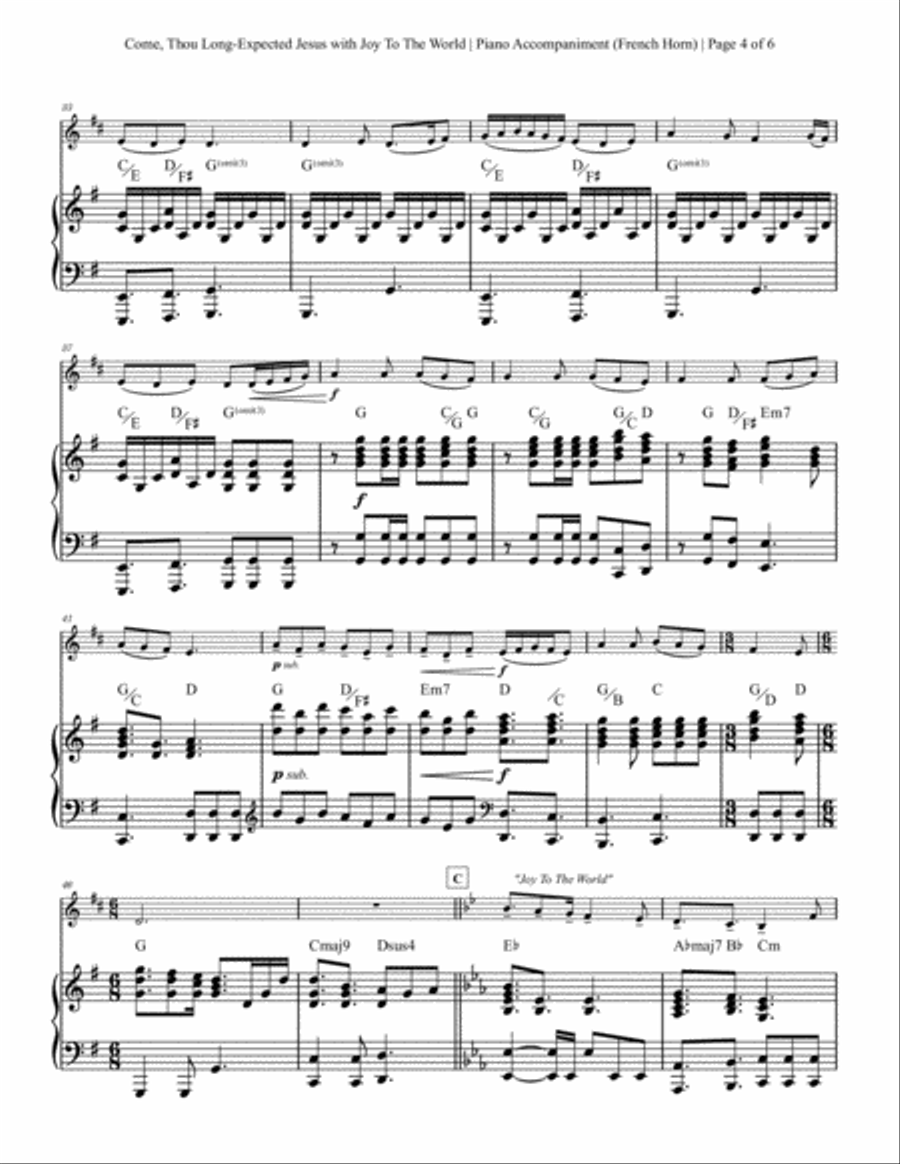 Come, Thou Long-Expected Jesus with Joy To The World - Horn Solo with Piano Accompaniment Piano scores gallery preview page 4