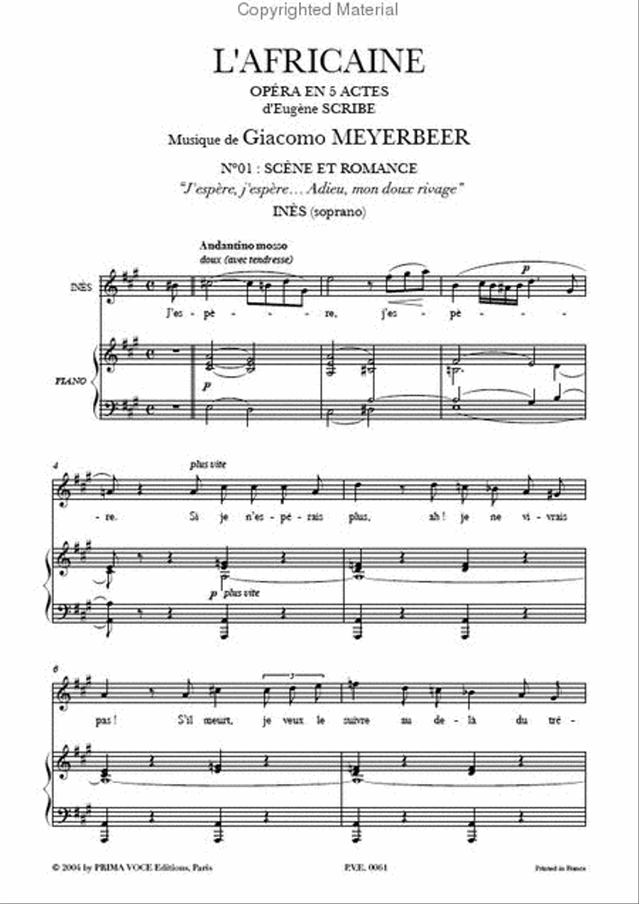 J'espere, j'espere... Adieu, mon doux rivage from L'Africaine Soprano Voice scores gallery preview page 2