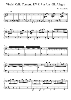Antonio Vivaldi Cello Concerto in Am RV419 - III. Allegro Arrangement for Piano Solo.